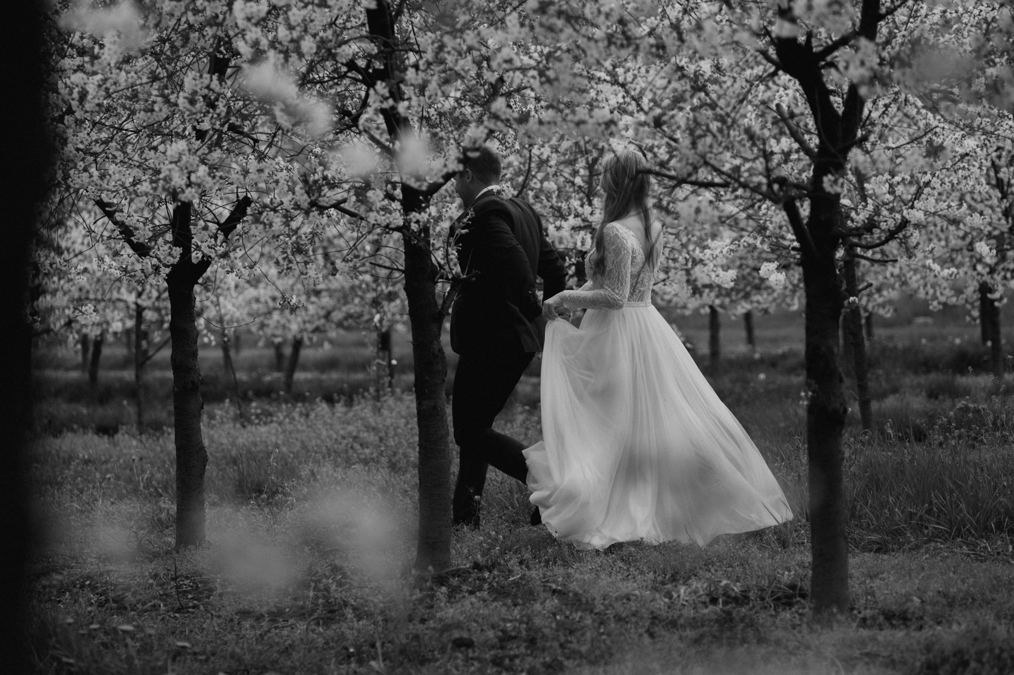 Wiosenna sesja slubna00020 - Sesja ślubna w kwitnącym sadzie
