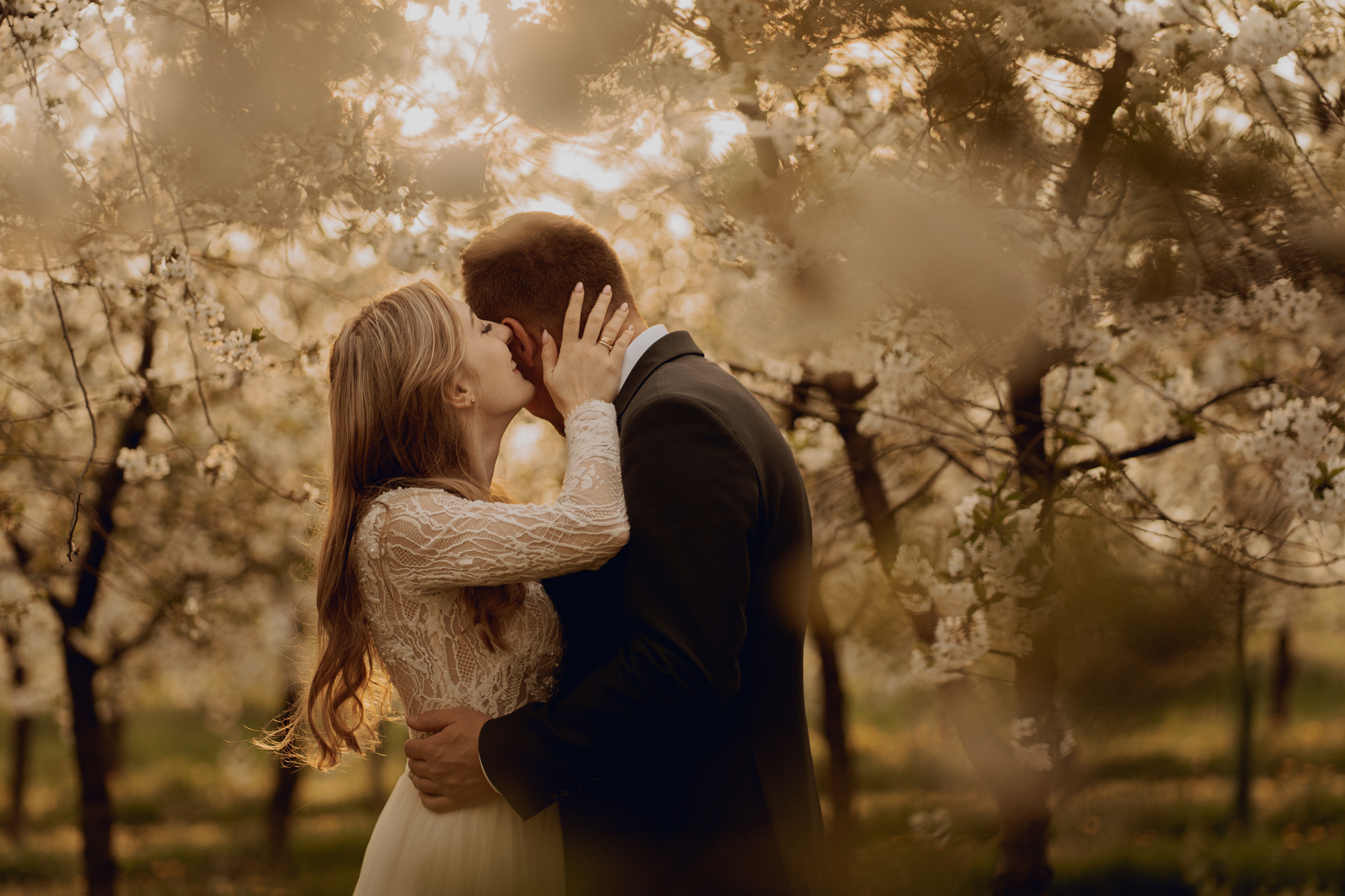 Wiosenna sesja slubna00037 - Sesja ślubna w kwitnącym sadzie