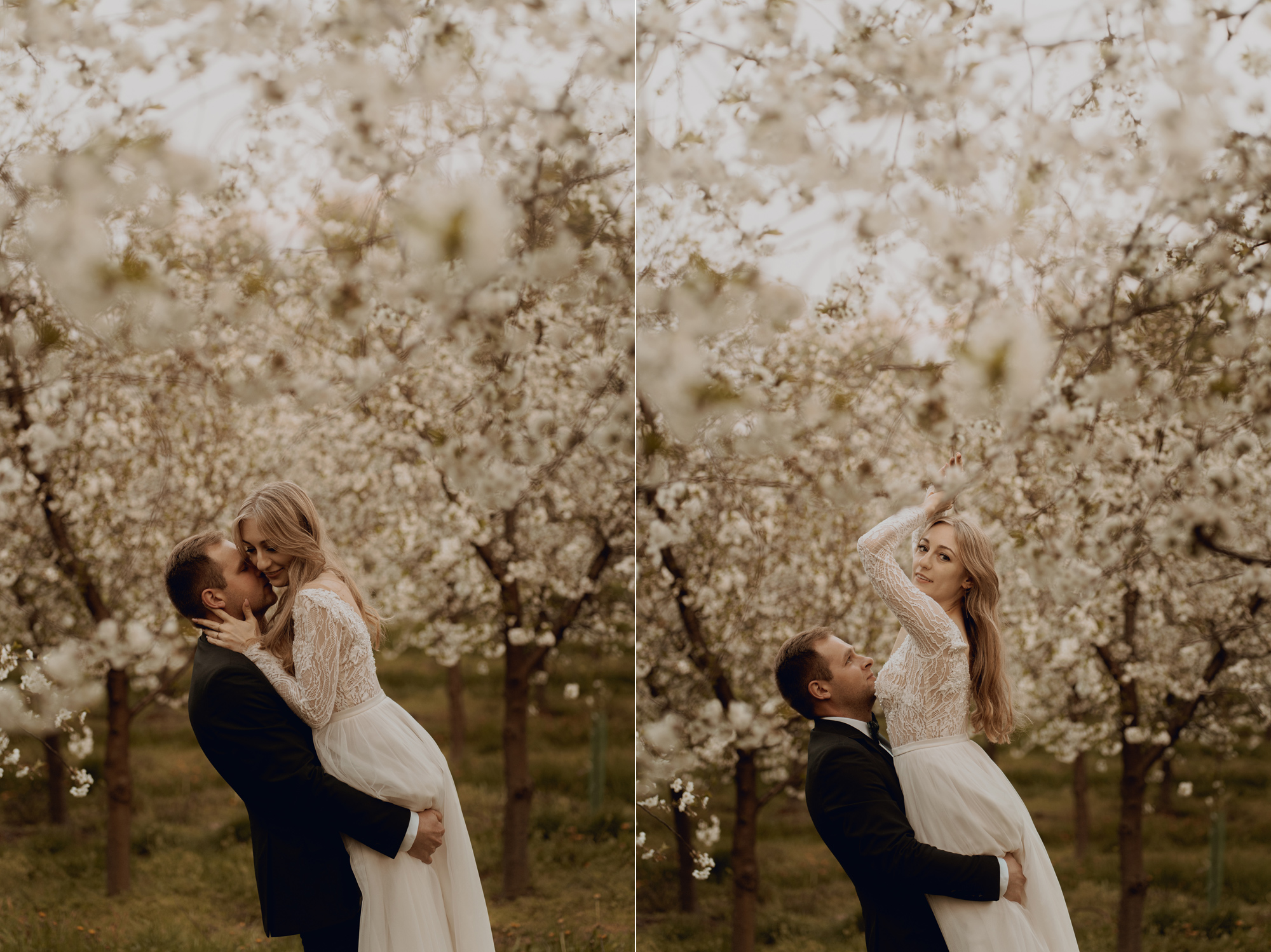 Wiosenna sesja slubna00044 - Sesja ślubna w kwitnącym sadzie
